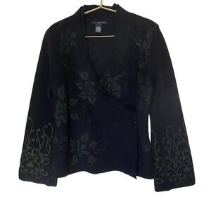 A Giannetti Black Wool Wrap Cardigan Sweater Floral Scroll Detail Size M